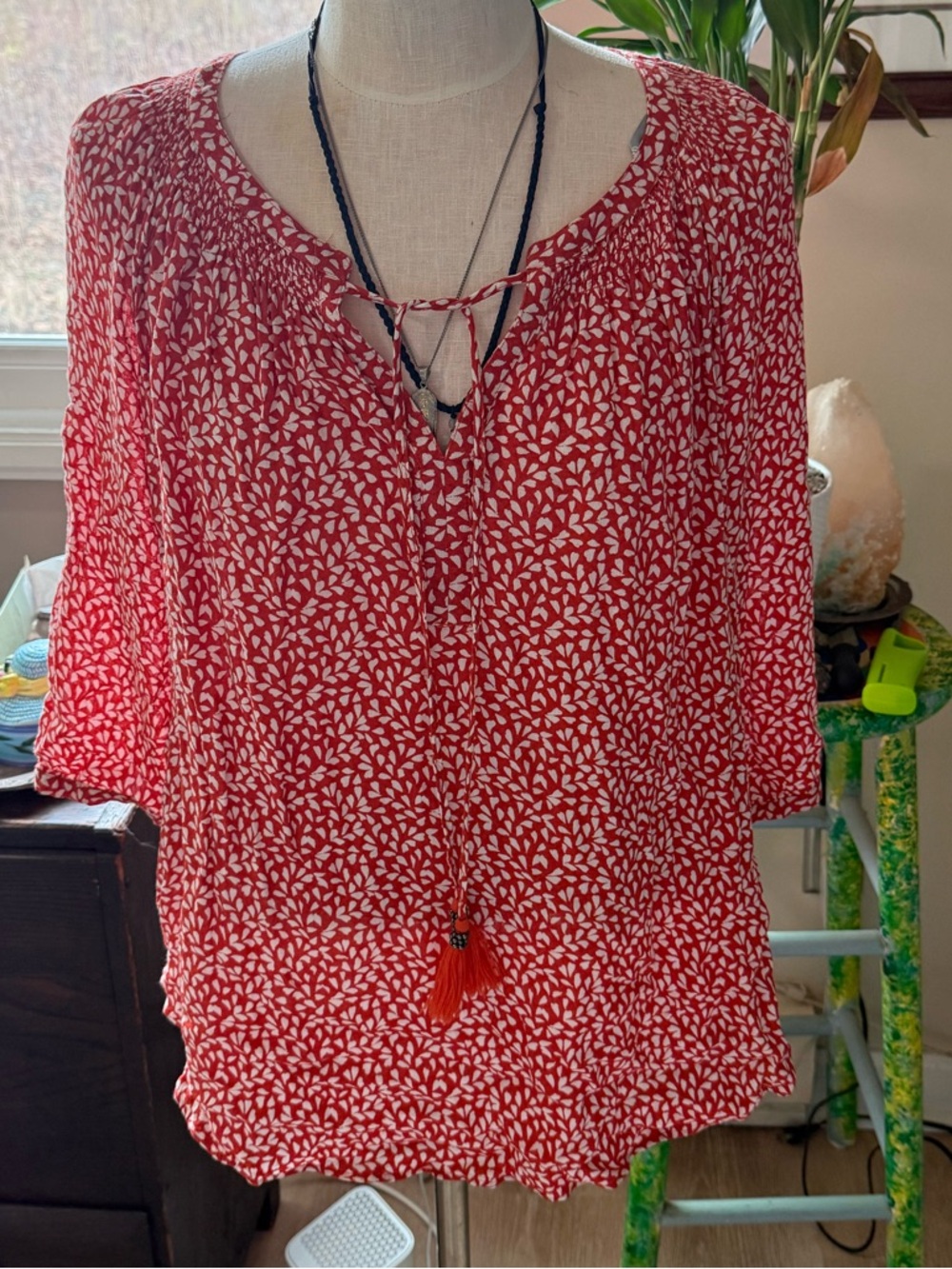 Daniel Rainn Red Printed Split-Neck Tunic with Tassel